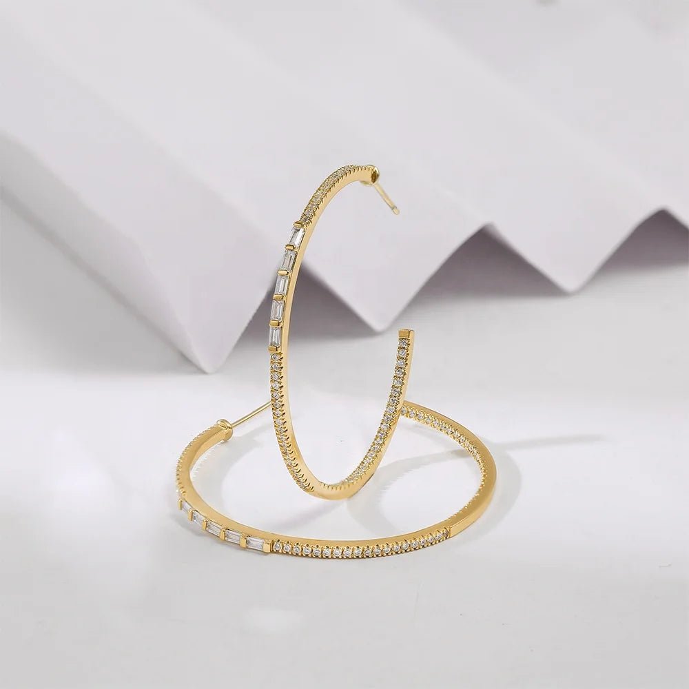 14K Yellow Gold Baguette Round Diamond Statement Half CC Hoop Earrings for Women Kirin Jewelry