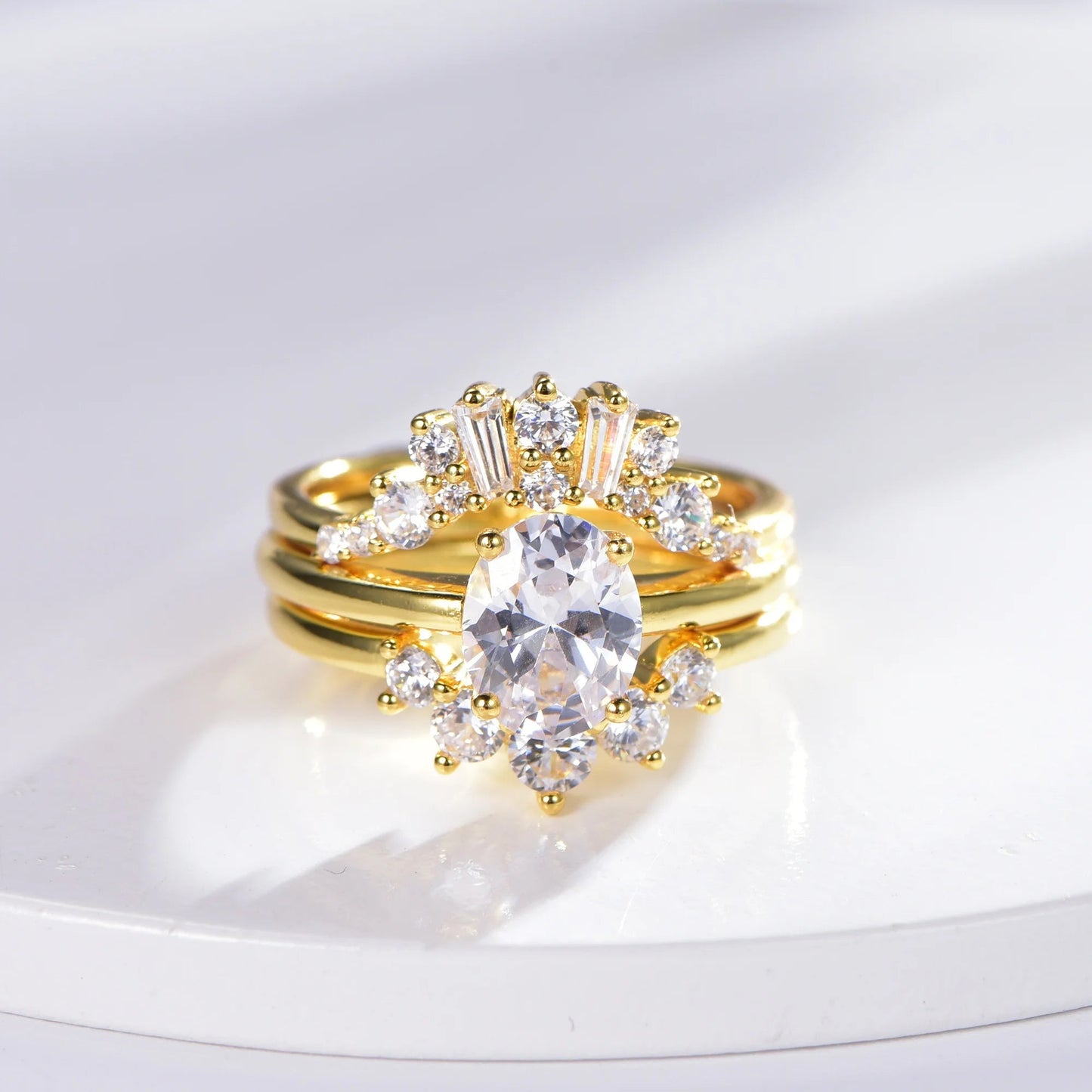 14K Gold Plated CZ Promise Ring Curved Round Shaped Bridal Ring Sets