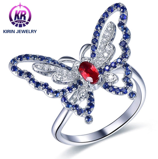 18K gold butterfly ring​ with created ruby white sapphire for women