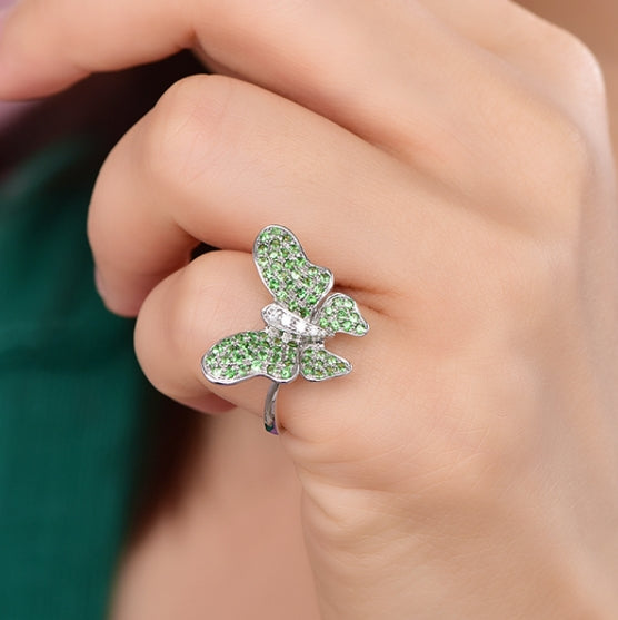 18K gold gemstone ring butterfly with emerald diamond KR40205 Kirin Jewelry