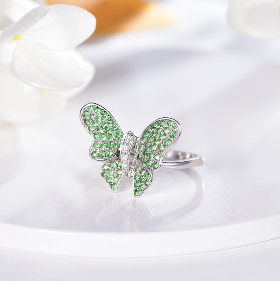 18K gold gemstone ring butterfly with emerald diamond KR40205 Kirin Jewelry