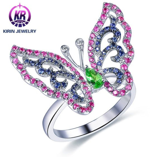 18K gold gemstone ring butterfly with ruby sapphire emerald KR33104 Kirin Jewelry