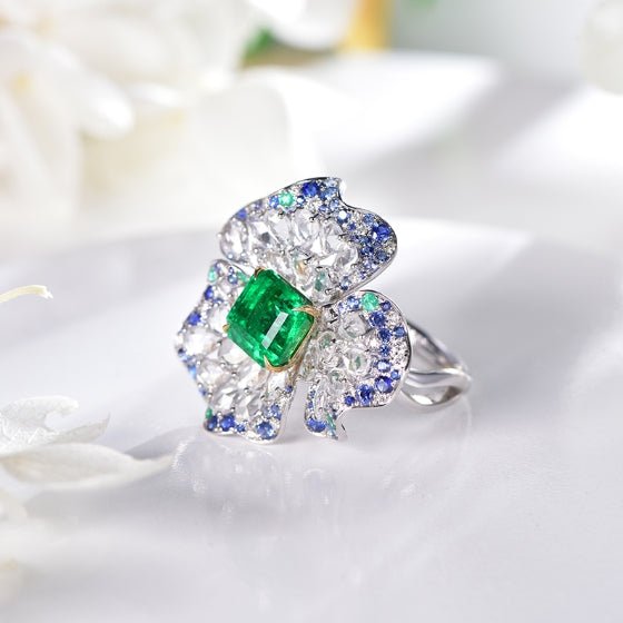 18K gold gemstone ring flower with sapphire emerald diamond KR41401 Kirin Jewelry