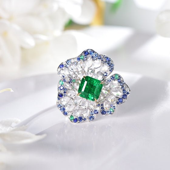 18K gold gemstone ring flower with sapphire emerald diamond_KR41401 Kirin Jewelry