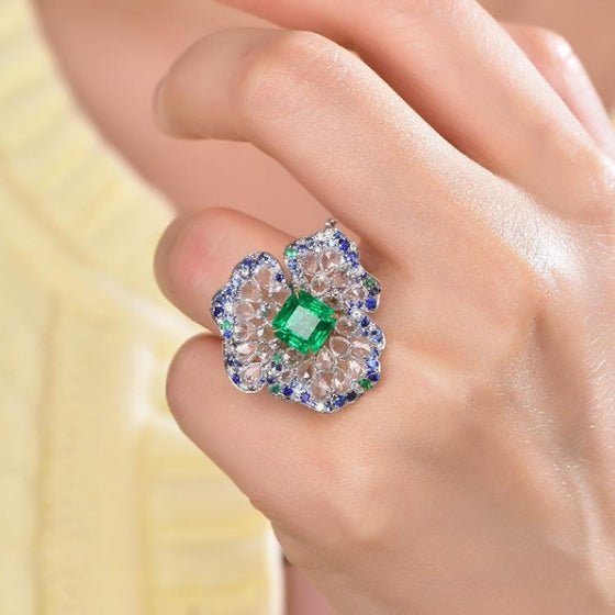 18K gold gemstone ring flower with sapphire emerald diamond KR41401 Kirin Jewelry