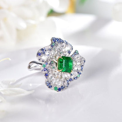 18K gold gemstone ring flower with sapphire emerald diamond KR41401 Kirin Jewelry