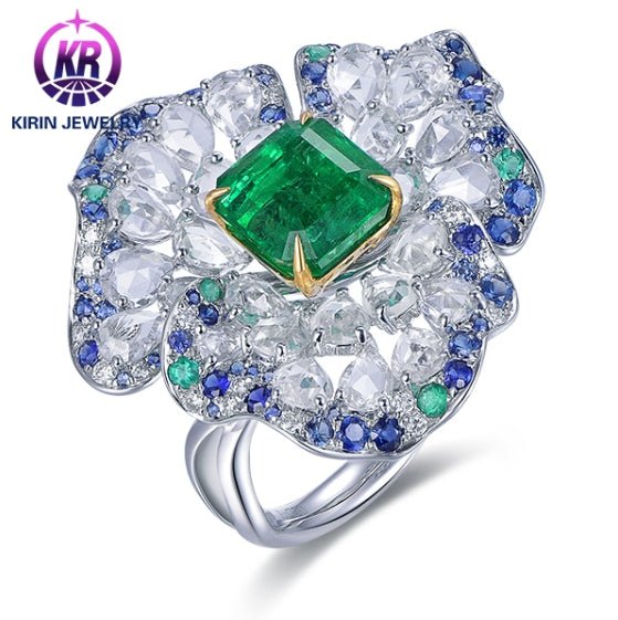 18K gold gemstone ring flower with sapphire emerald diamond KR41401 Kirin Jewelry