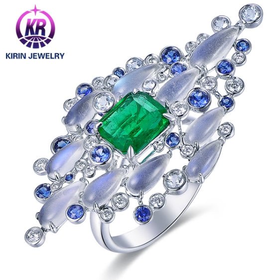 18K gold gemstone ring triangle with sapphire emerald diamond KR41403 Kirin Jewelry