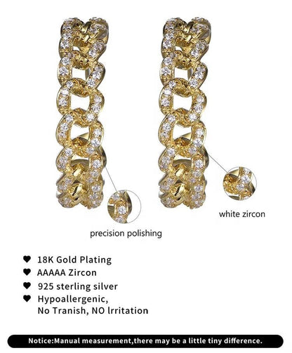 18K gold plated Earrings custom 5A CZ cuban chain link hoop earrings Hollow C Cuban Chain Hoop Stud Earrings Kirin Jewelry