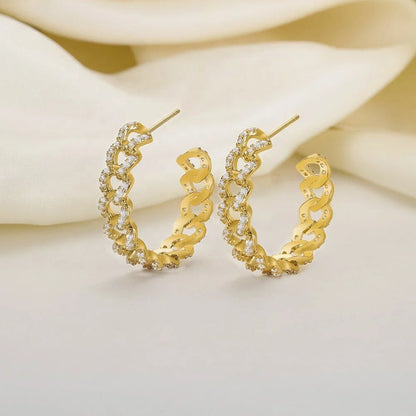 18K gold plated Earrings custom 5A CZ cuban chain link hoop earrings Hollow C Cuban Chain Hoop Stud Earrings Kirin Jewelry