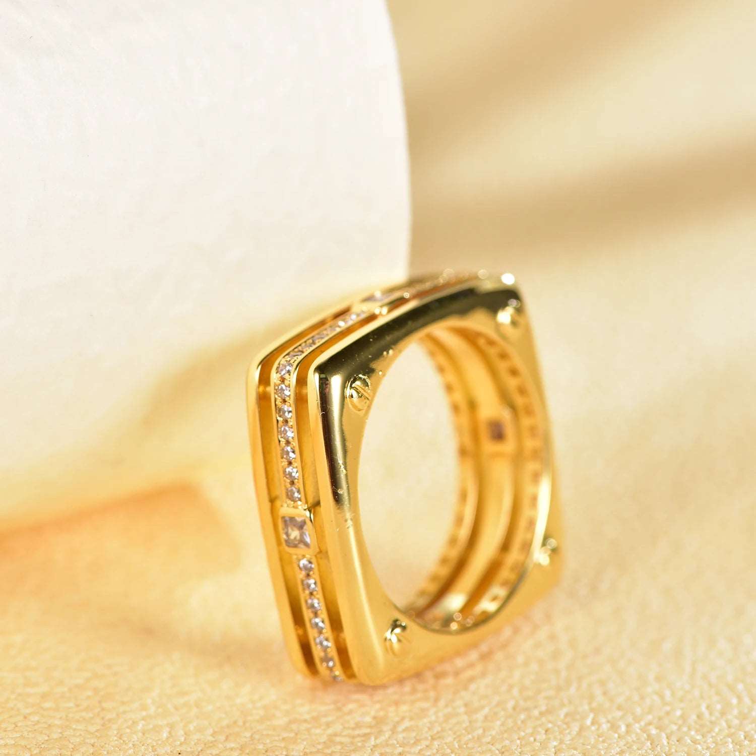 18k Gold Plated Geometric Multilayered 3A White Cubic Zirconia brass Ring Kirin Jewelry