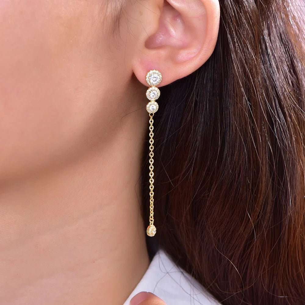 18k gold 3ball chain earring ladies luxury full diamond tassel long earrings long chain pendant earrings Kirin Jewelry