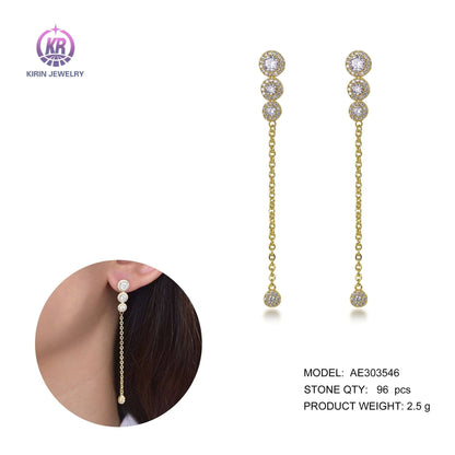 18k gold 3ball chain earring ladies luxury full diamond tassel long earrings long chain pendant earrings Kirin Jewelry