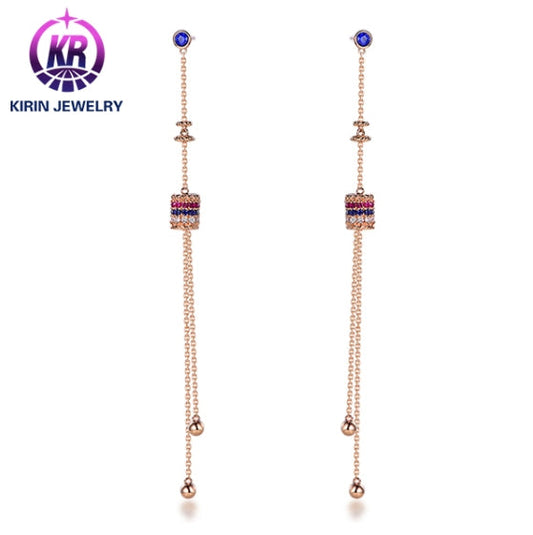 18k gold long earrings with sapphire ruby diamonds Viborian style Kirin Jewelry