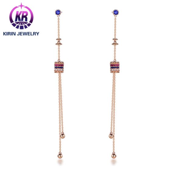 18k gold long earrings with sapphire ruby diamonds Viborian style Kirin Jewelry