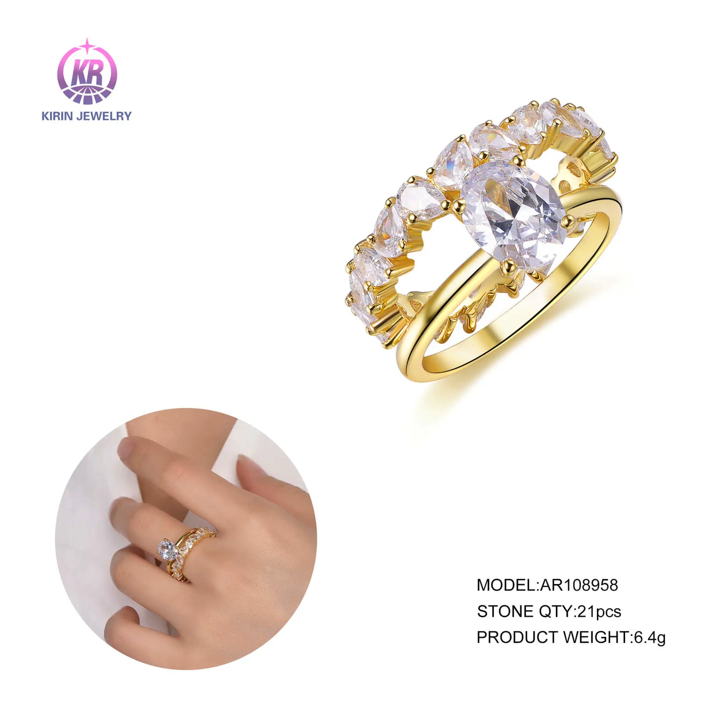 925 Silver Gold Plated Oval Pear Shaped Cut Cubic Zirconia Two-Piece Stack Engagement Rings Sets for Women