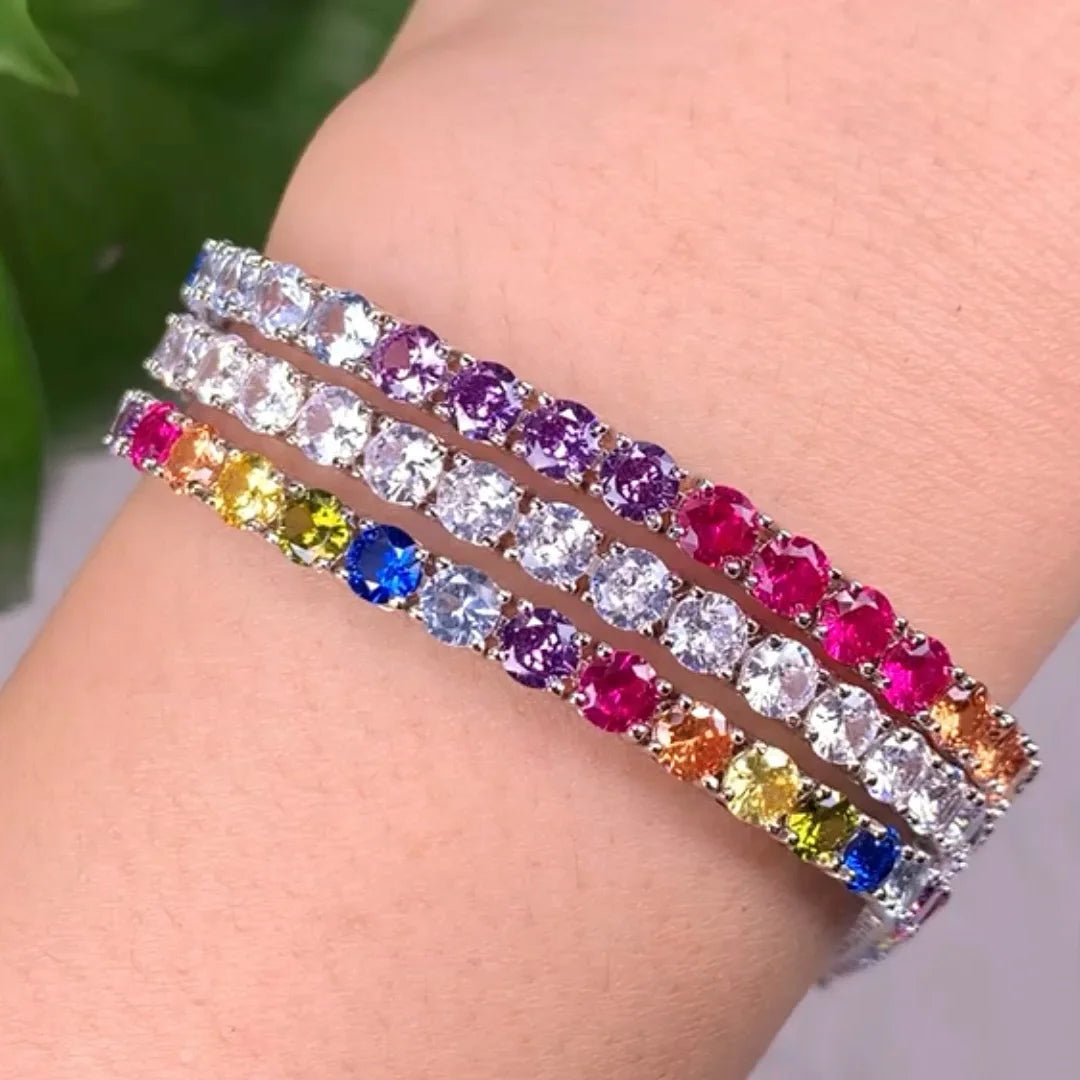 925 Silver Tennis Bracelet Women's 4mm Cubic Zirconia Round Rainbow 925 Sterling Silver CZ Tennis Bracelet Kirin Jewelry