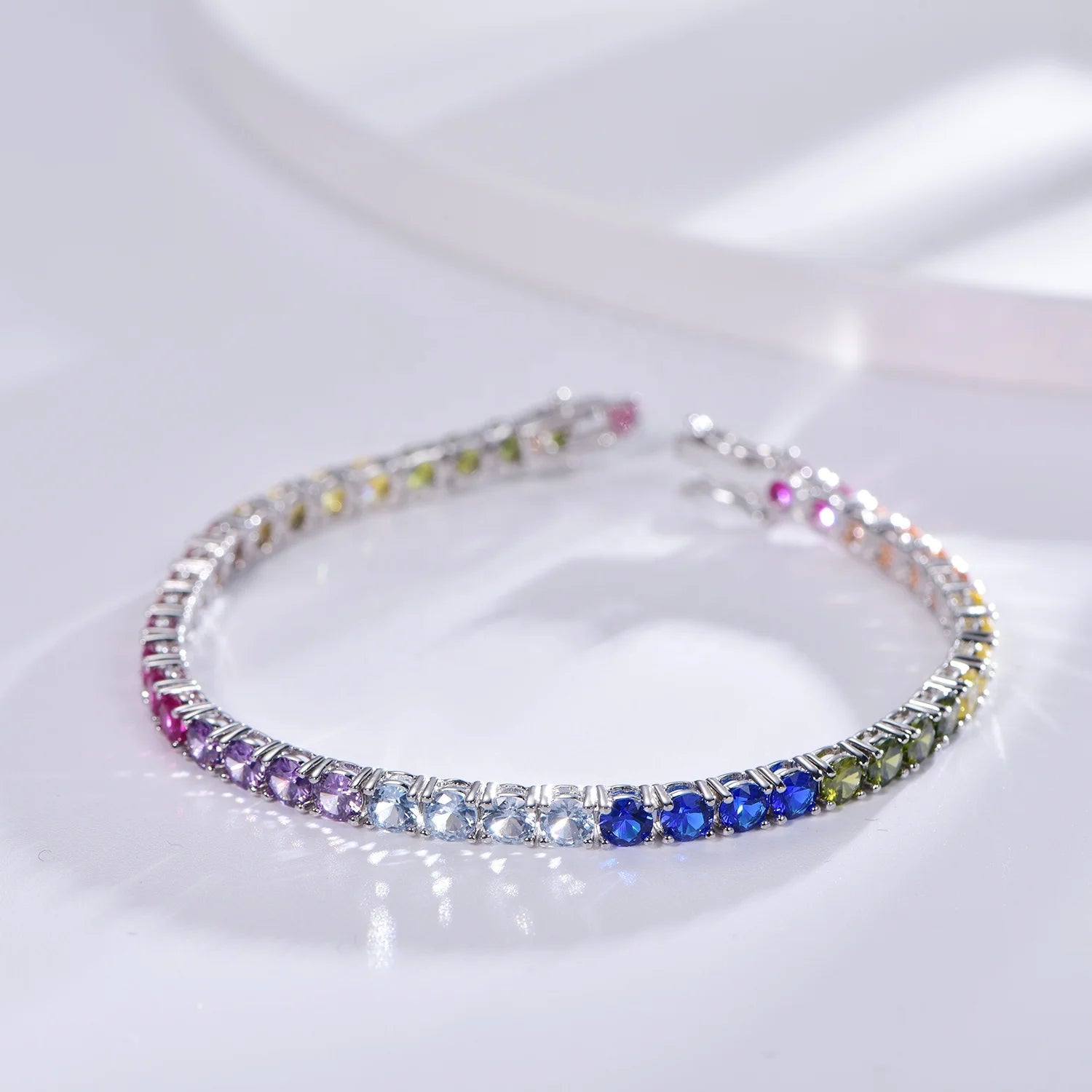 925 Silver Tennis Bracelet Women's 4mm Cubic Zirconia Round Rainbow 925 Sterling Silver CZ Tennis Bracelet Multi-Gemstone Tennis Bracelet 925 Sterling Silver CZ Crystal Diamond Bracelet Kirin Jewelry