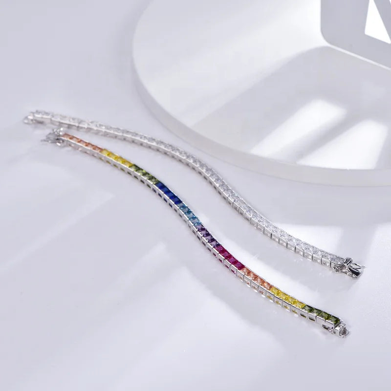 925 Sterling Silver Alternating AAA Cubic Zircon Tennis Bracelet 7.5" Rainbow Diamond Cuff Tennis Bracelet Kirin Jewelry