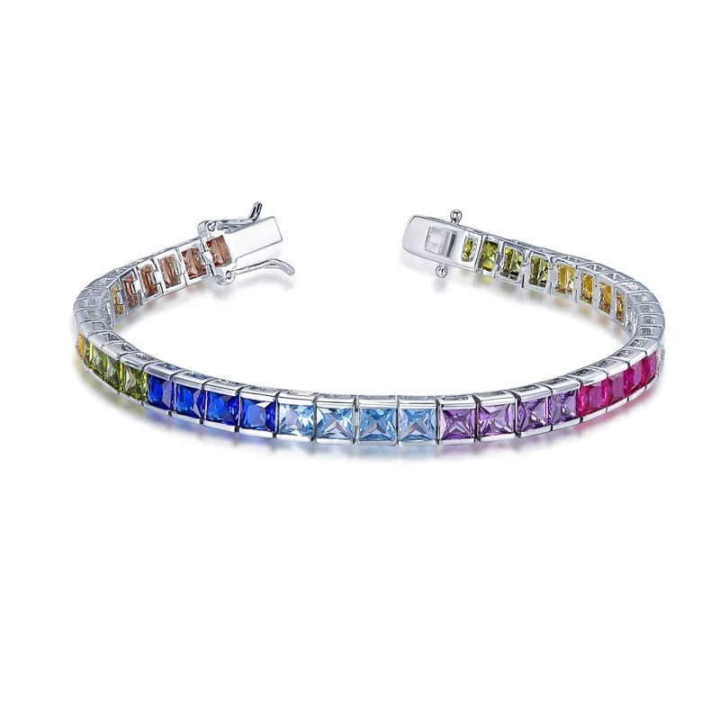 925 Sterling Silver Alternating AAA Cubic Zircon Tennis Bracelet 7.5" Rainbow Diamond Cuff Tennis Bracelet Kirin Jewelry