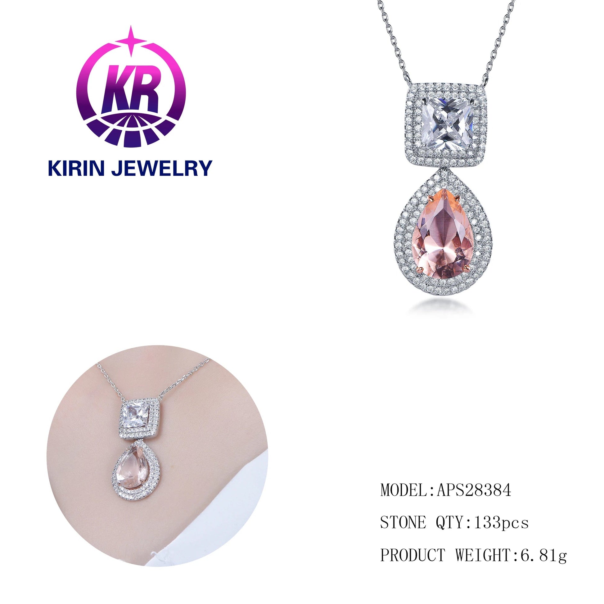 925 Sterling Silver Custom Pink Glass & 3A White Cubic Zirconia Charms Pendant for Jewellery Making Kirin Jewelry