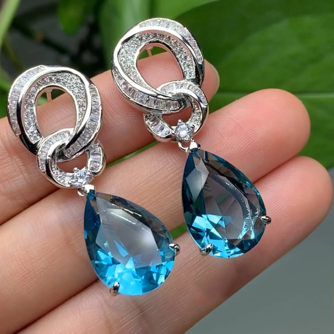 925 Sterling Silver Earrings 5A CZ Aquamarine Mossinate Blue Topaz Diamond Earrings Dangle Drop Earrings Kirin Jewelry