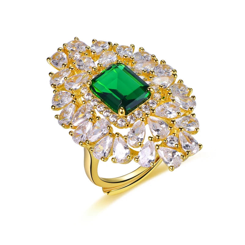 925 silver emerald gold plated flower shape statement emerald cut ring