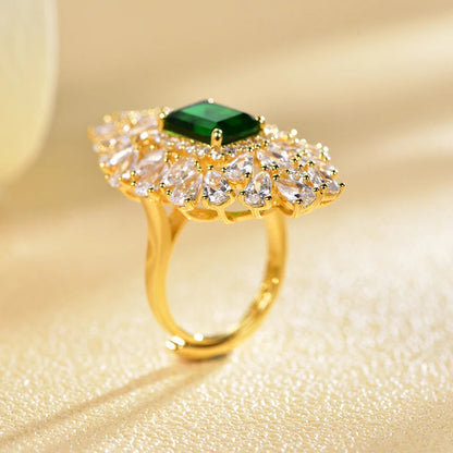 silver gold plated flower shape cubic zirconia filled statement emerald cut Ring