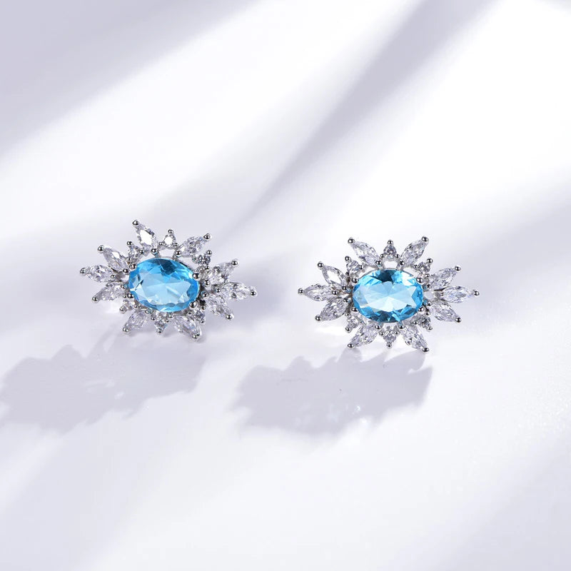 925 Sterling Silver White and Blue Topaz Starburst Stud Earrings Jewelry Kirin Jewelry