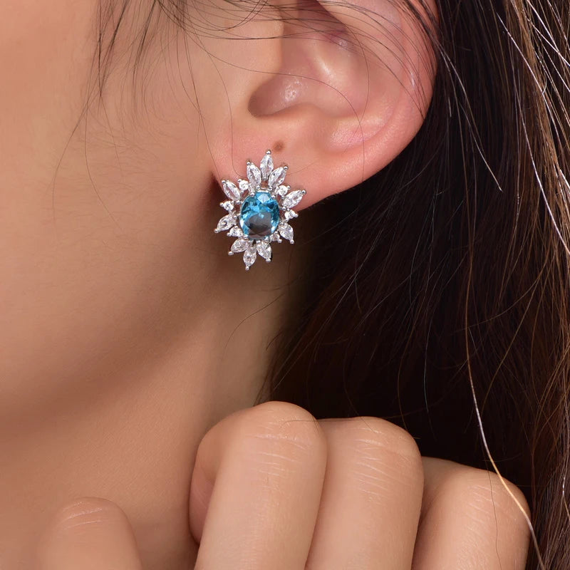 925 Sterling Silver White and Blue Topaz Starburst Stud Earrings Jewelry Kirin Jewelry