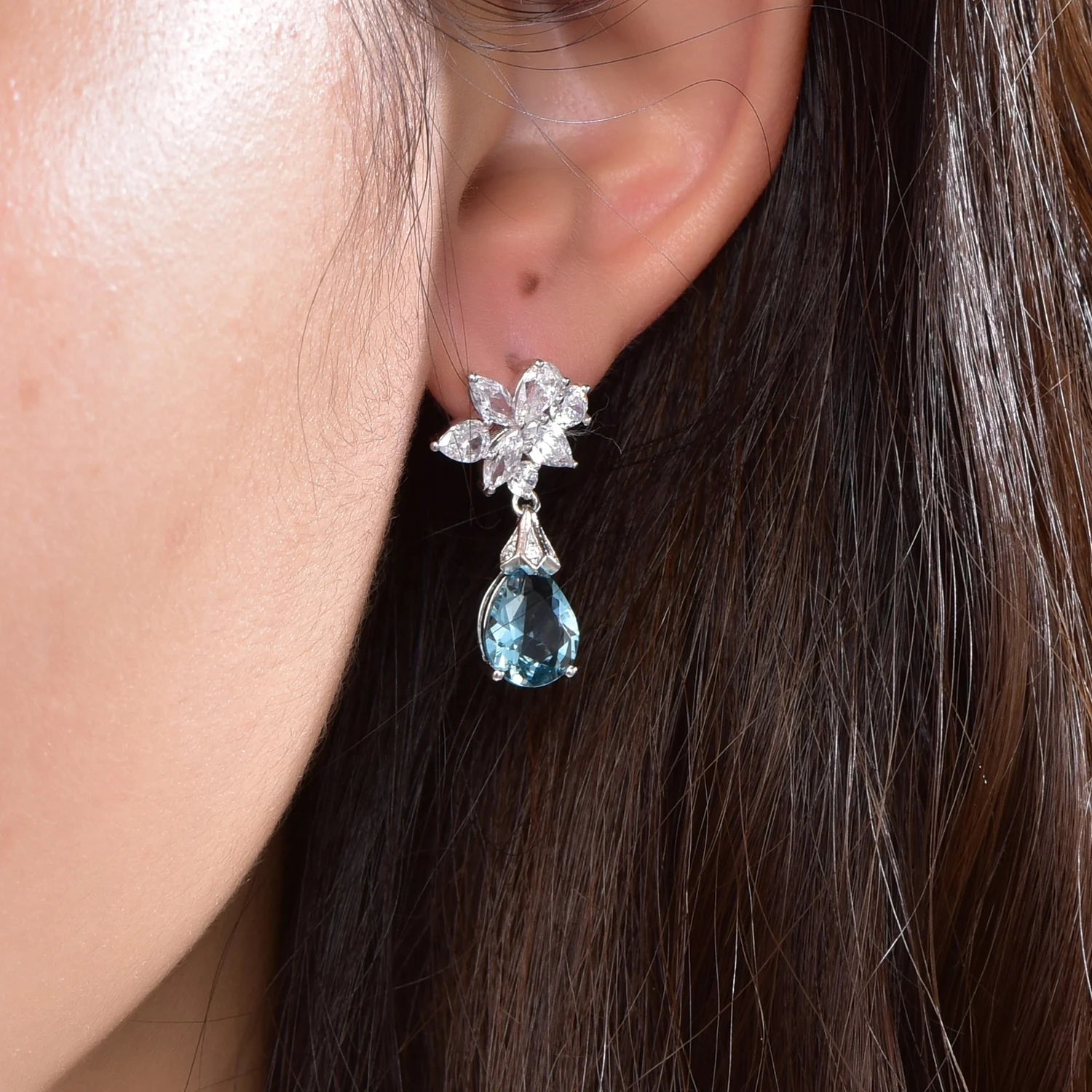 925 Sterling Silver Women Pear Aquamarine Drop Earrings Ladies Party 5A Cubic Zirconia Flower Earrings Kirin Jewelry