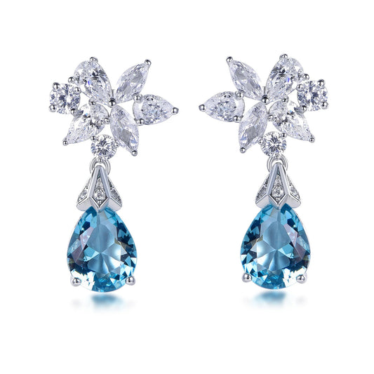 925 Sterling Silver Women Pear Aquamarine Drop Earrings Ladies Party 5A Cubic Zirconia Flower Earrings Kirin Jewelry