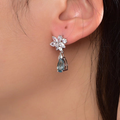 925 Sterling Silver Women Pear Aquamarine Drop Earrings Ladies Party 5A Cubic Zirconia Flower Earrings Kirin Jewelry
