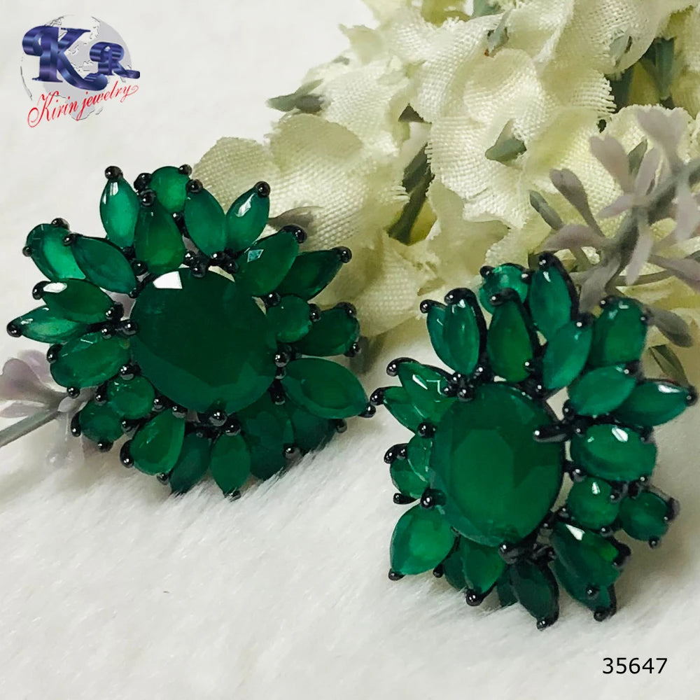 925 Sterling Silver wholesale green main stone flower earrings saudi gold jewelry Kirin Jewelry