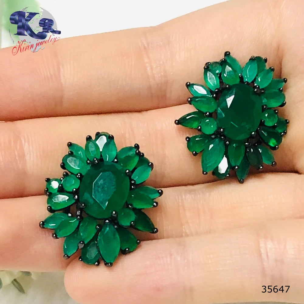 925 Sterling Silver wholesale green main stone flower earrings saudi gold jewelry Kirin Jewelry