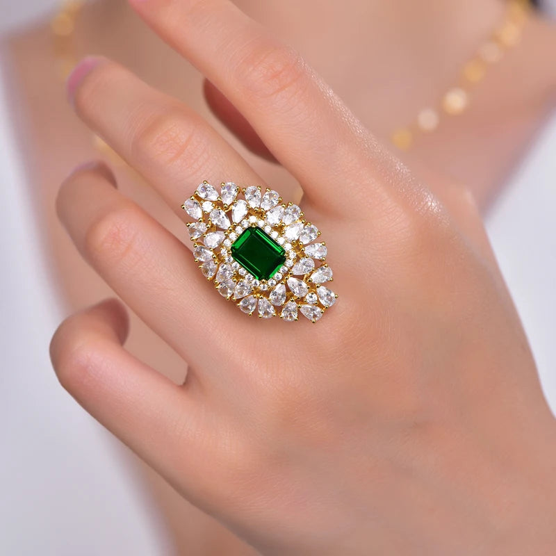 luxury 925 silver gold plated flower shape cubic zirconia filled statement emerald cut ring for women jewelry