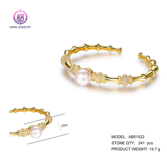 925 silver bangle with 14K gold plating pearl CZ AB51522 Kirin Jewelry