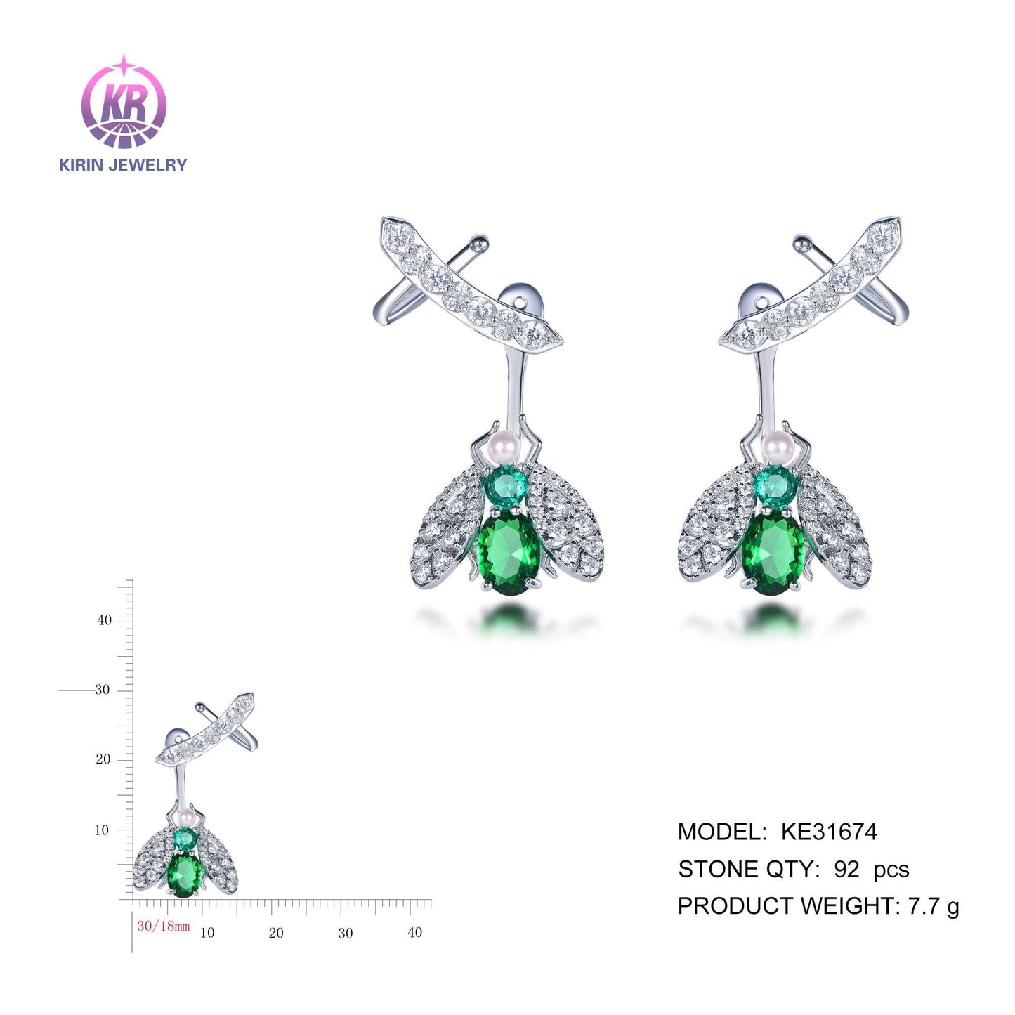 925 silver bee earrings with rhodium plating emerald CZ KE31674 Kirin Jewelry