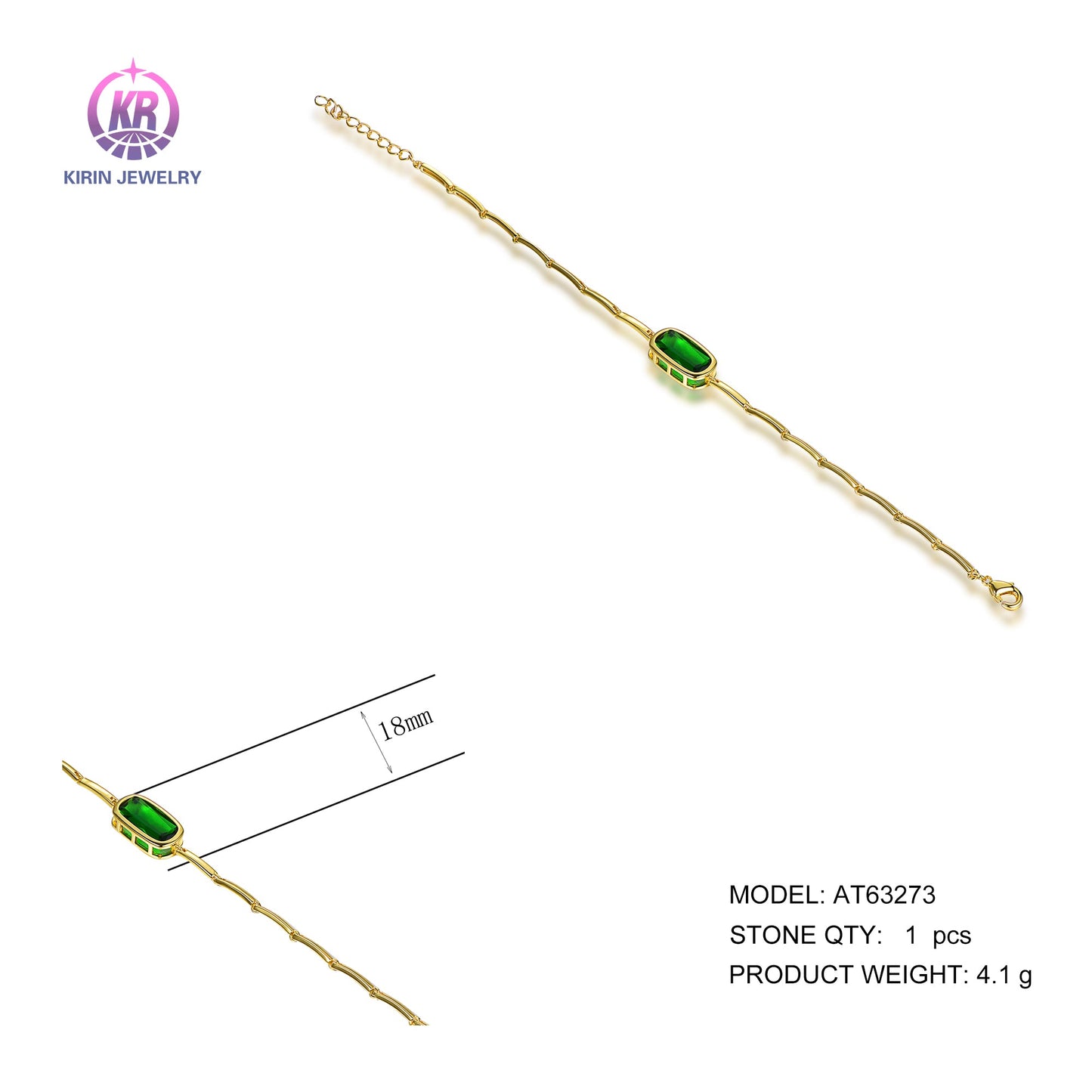 925 silver bracelet with 14K gold palting emerald CZ 63273 Kirin Jewelry