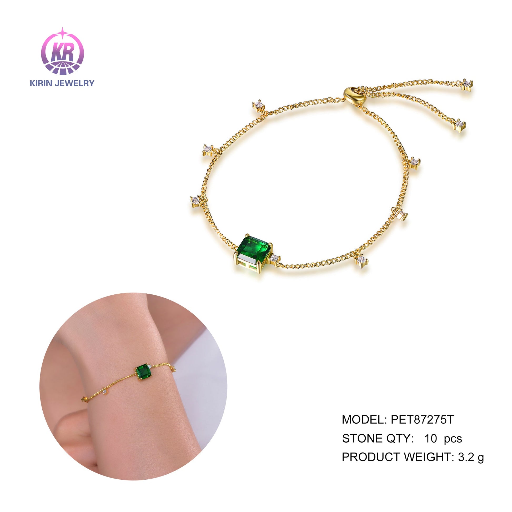 925 silver bracelet with 14K gold plating emerald CZ 87275 Kirin Jewelry