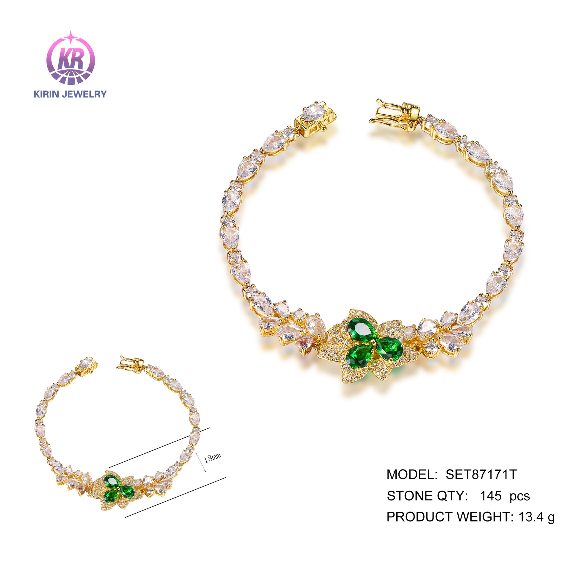 925 silver bracelet with 14K gold plating emerald CZ SET87171T Kirin Jewelry