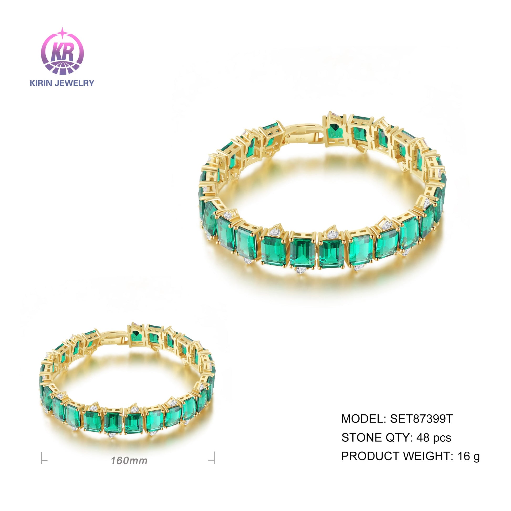 925 silver bracelet with 14K gold plating emerald CZ SET87399T Kirin Jewelry