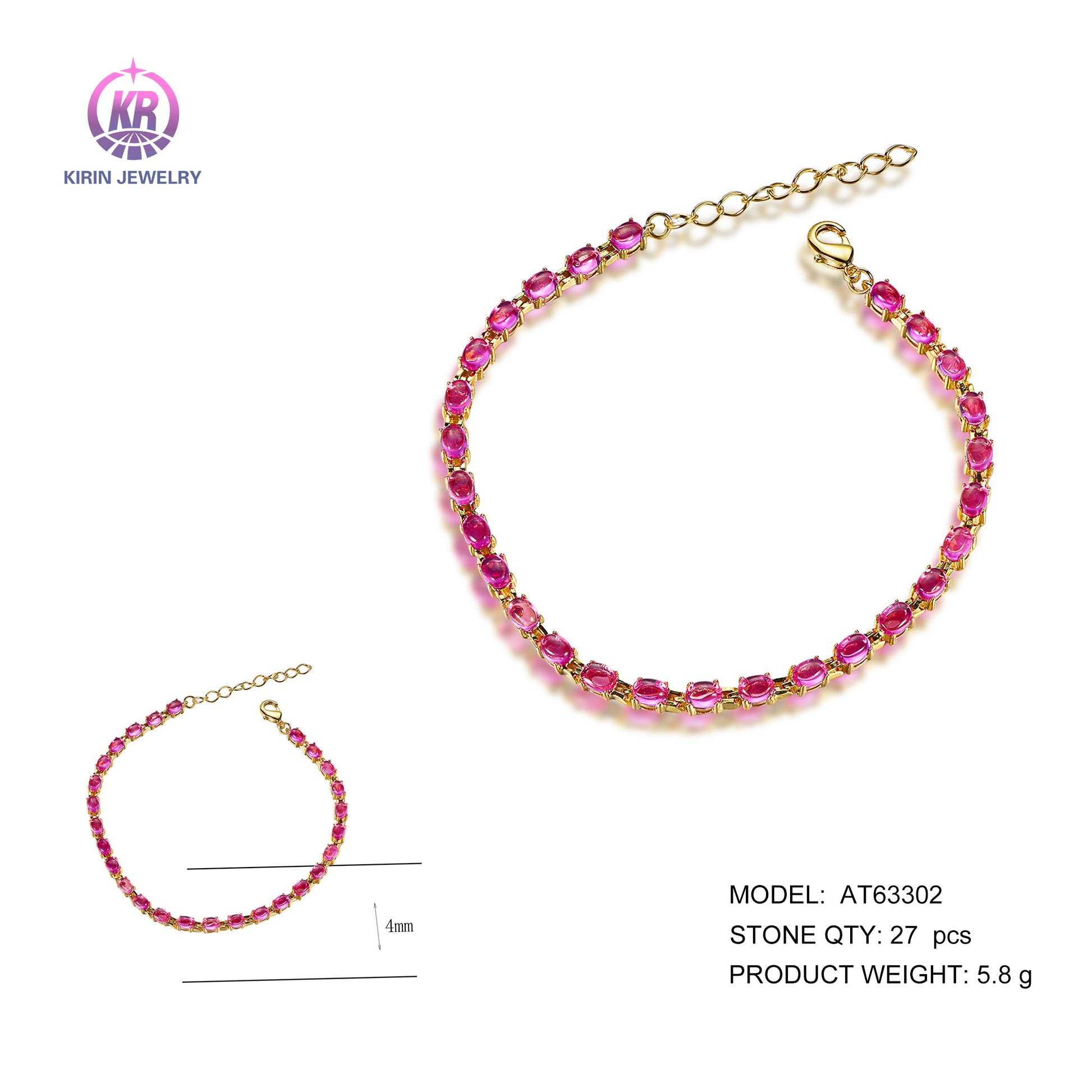 925 silver bracelet with 14K gold plating ruby CZ AT63302 Kirin Jewelry