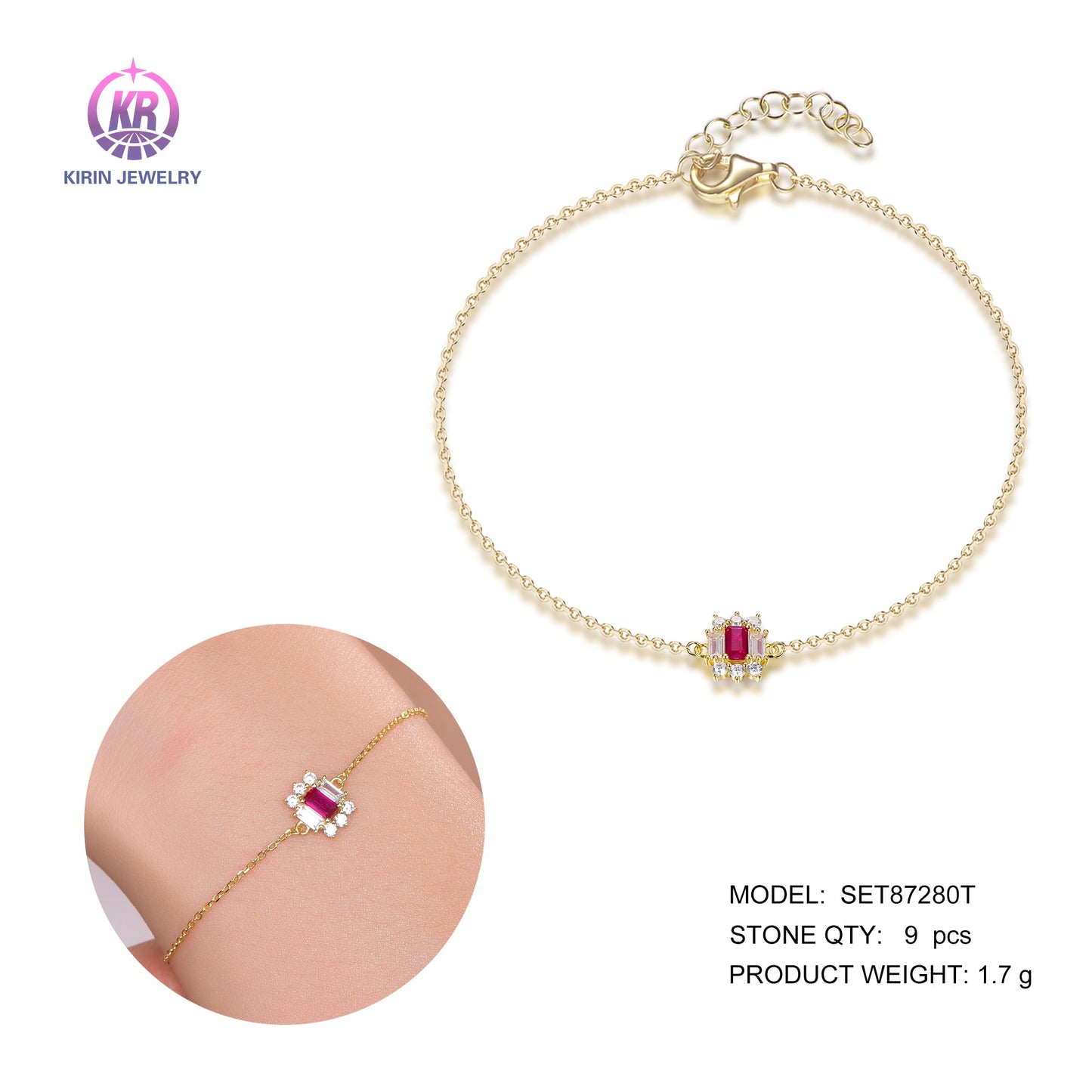 925 silver bracelet with 14K gold plating ruby baguette CZ 87280 Kirin Jewelry