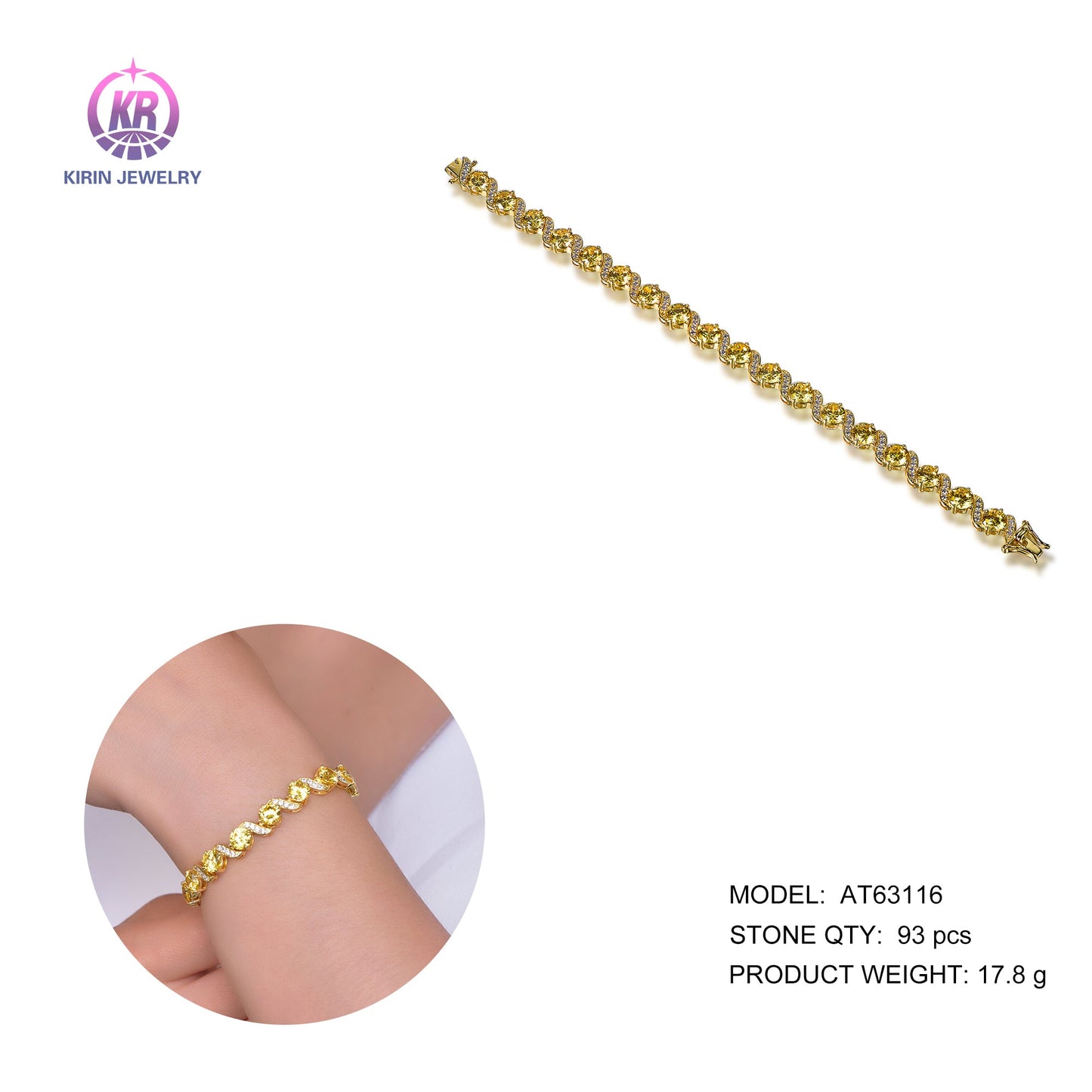 925 silver bracelet with 14K gold plating yellow CZ 63116 Kirin Jewelry