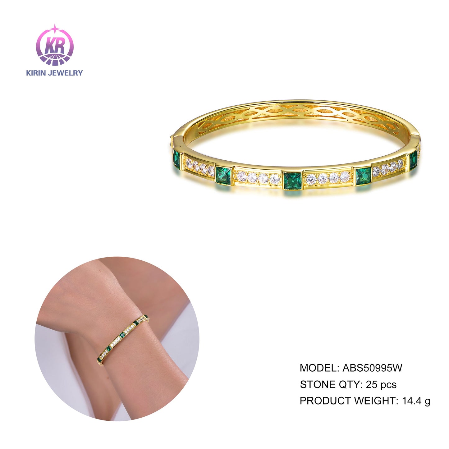 925 silver bracelet with 14k gold plating emerald CZ 50995 Kirin Jewelry