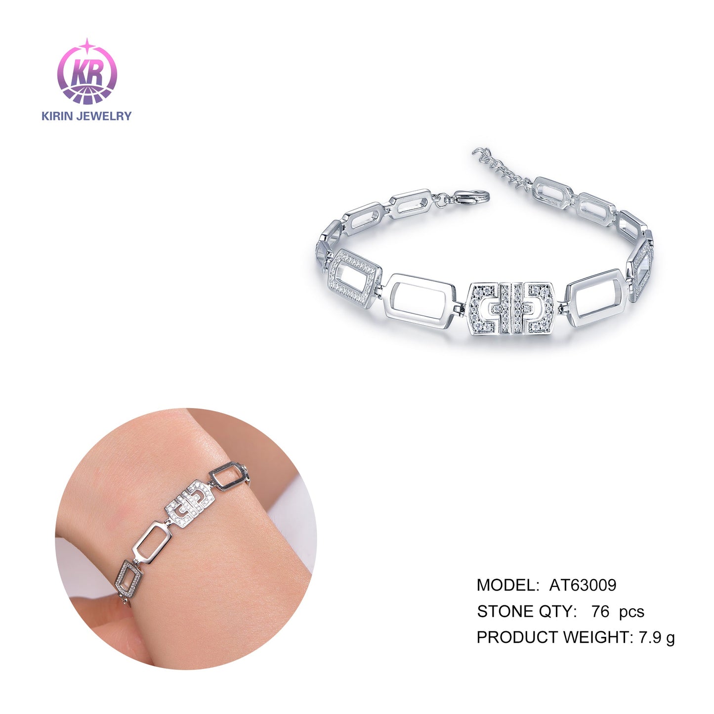 925 silver bracelet with rhodium plating CZ 63009 Kirin Jewelry