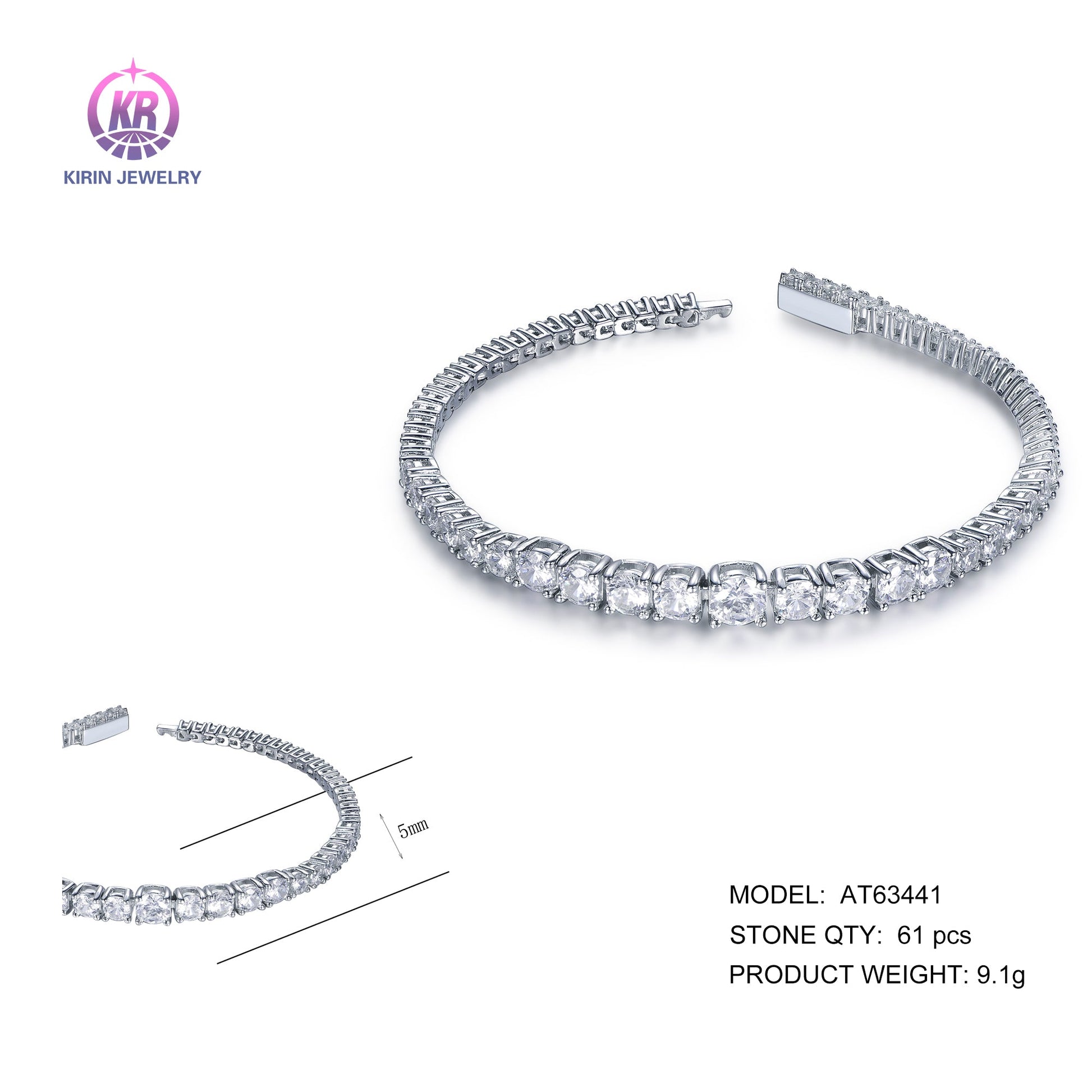 925 silver bracelet with rhodium plating CZ AT63441 Kirin Jewelry