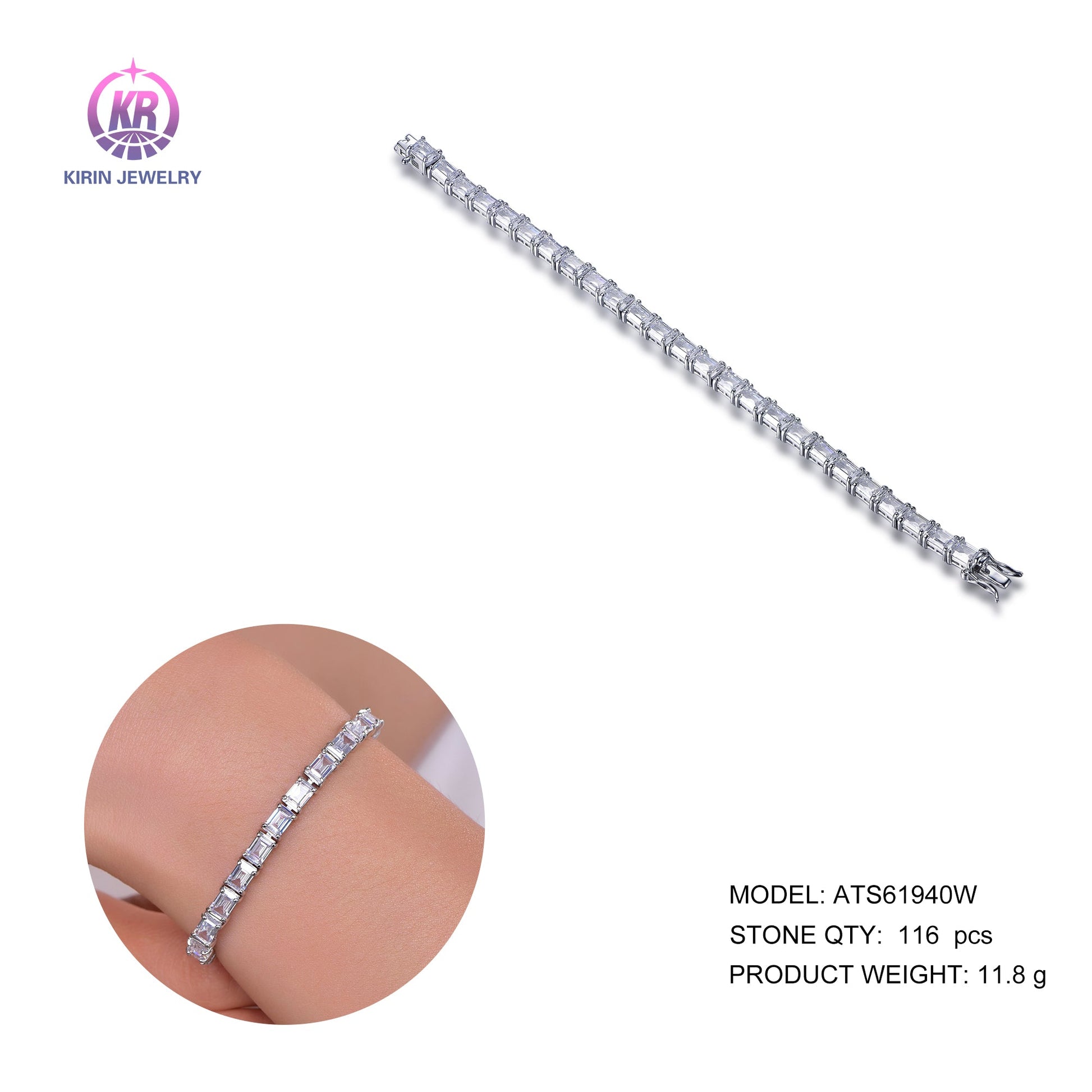 925 silver bracelet with rhodium plating baguette CZ 61940 Kirin Jewelry