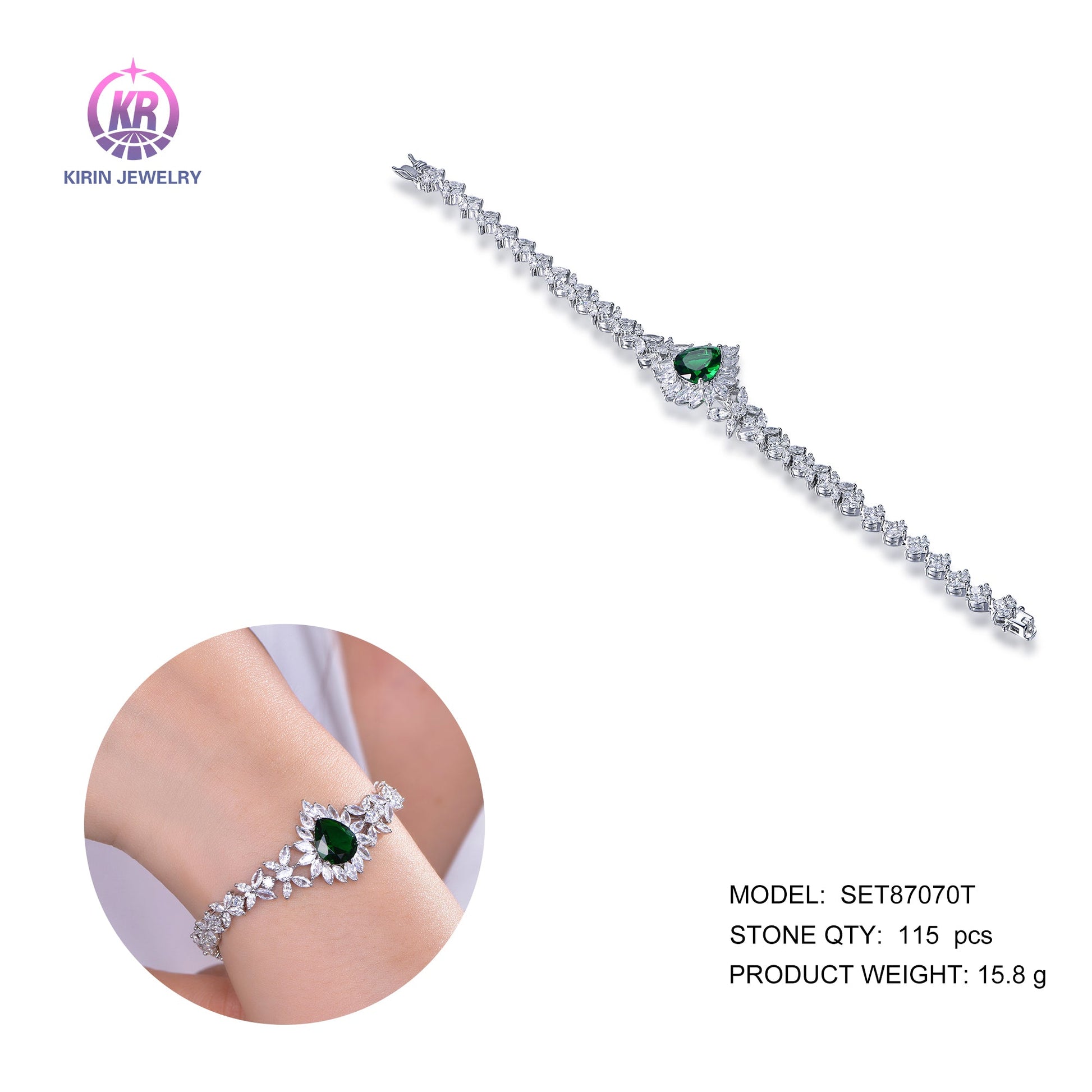 925 silver bracelet with rhodium plating emerald CZ 87070 Kirin Jewelry